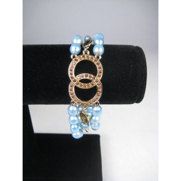 Faux Pearl Multi Strand Beaded Bracelet Goldtone Faceted Rhinestones Jewelry 7 i - Picture 2 of 9